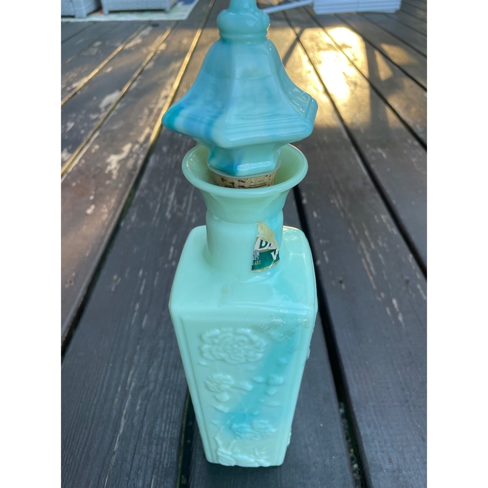 Vintage Jim Beam Slag Milk Glass Decanter Turquoise Green Floral Rose Pagoda
